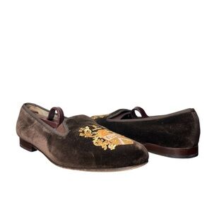 Stubbs & Wootton Brown Velvet Embroidered Gold Crest Slippers Loafers Size 9
